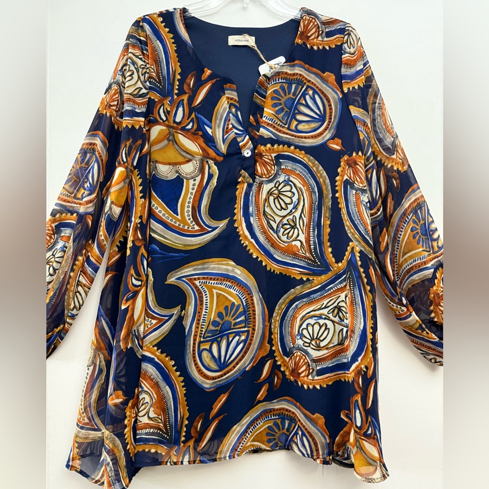 Adrienne Blue, White and Orange Tunic or Dress with Sheer Sleeves